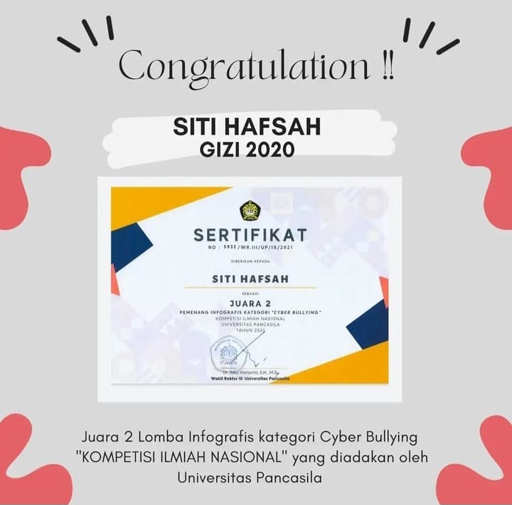 Juara 2 Lomba Infografis kategori Cyber Bullying "KOMPETISI ILMIAH NASIONAL" yang diadakan oleh Universitas Pancasila